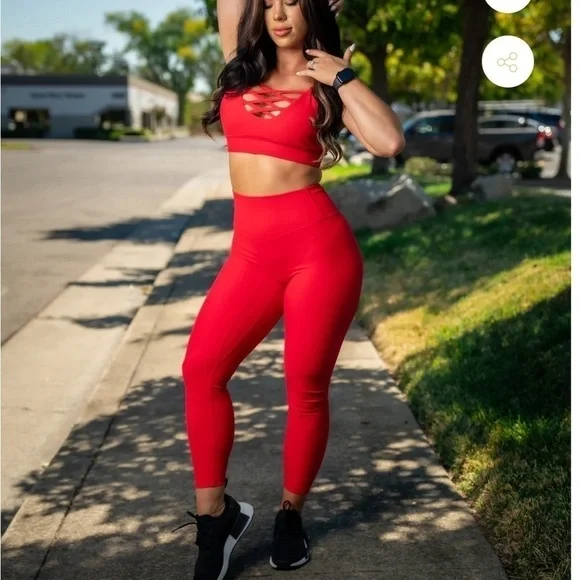 Til You Collapse Ribbed Classic Leggings - Red Medium workout gym Athleisure - Picture 5 of 9